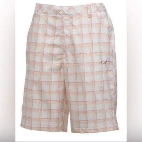 EUC PUMA Youth Boys White Orange Pink Plaid Golf Shorts - Size Large - Picture 1 of 7